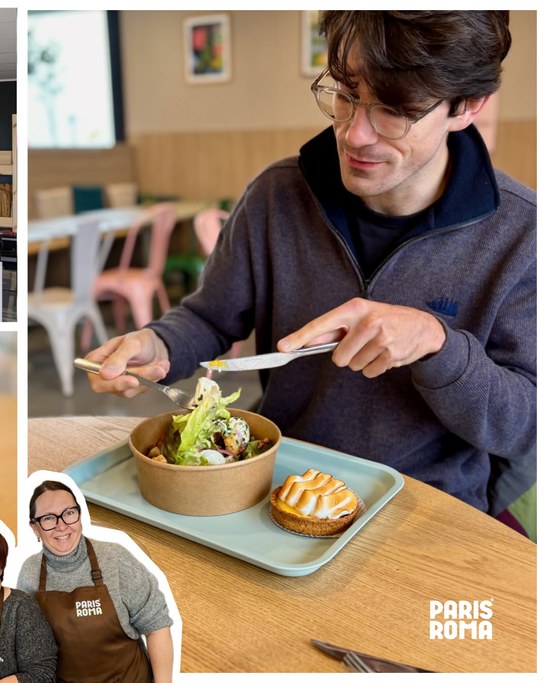 Un client déjeune : salade et tarte au citron meringuée